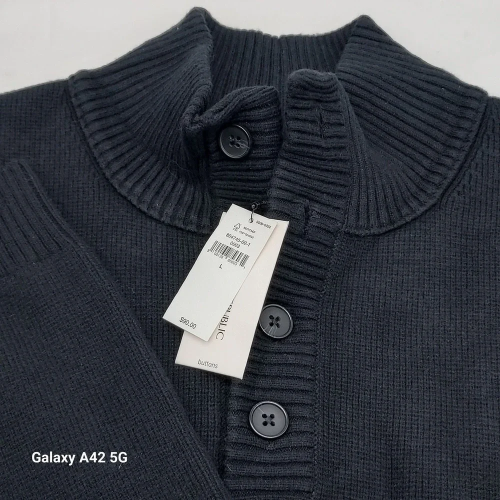 Banana Republic Mens Black Ribbed Mock Neck Button Sweater 804745-00-1 L